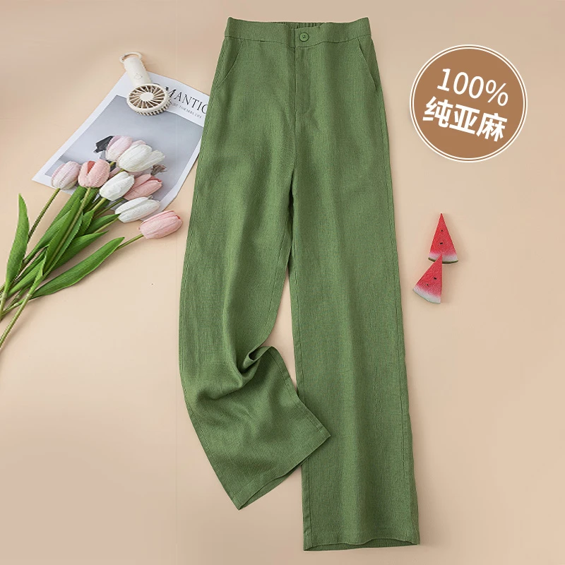 绿色高端纯亚麻阔腿裤女2025年夏季薄款宽松显瘦轻奢感高腰休闲裤