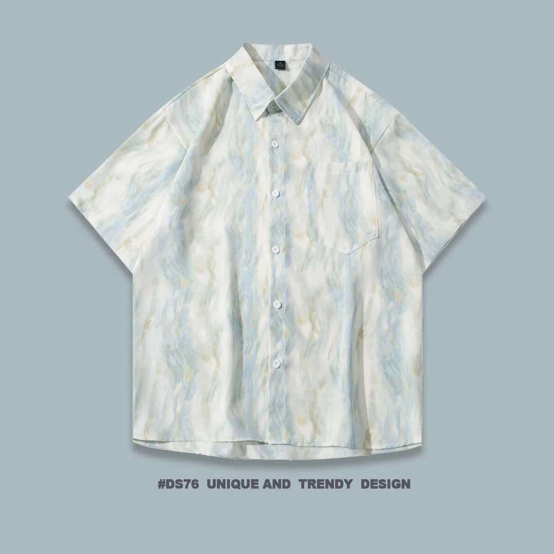 冰丝衬衫短袖泼墨晕染休闲衬衣夏季薄款高级男士凉感透气衬衣男装