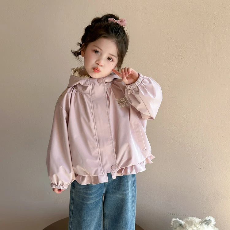 【高品质】巴拉拉女童外套春秋款2025新款儿童花边连帽冲锋衣小女孩