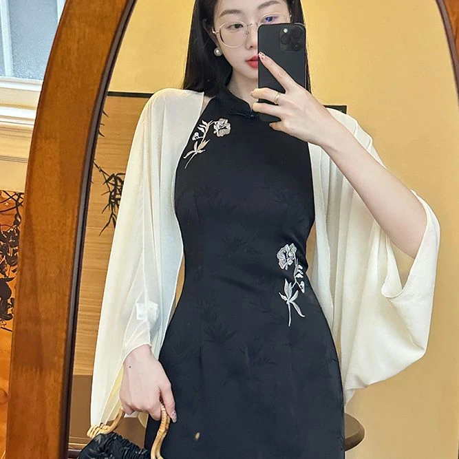 新中式2025夏季新款清冷薄款连衣裙子旗袍外搭小披肩罩衫冰丝薄纱