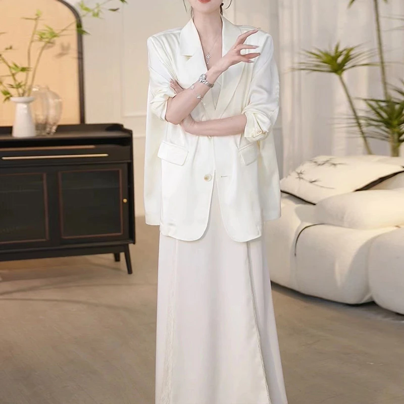 夏季大码时尚套装女薄款醋酸缎面西装外套吊带裙轻奢两件套胖mm