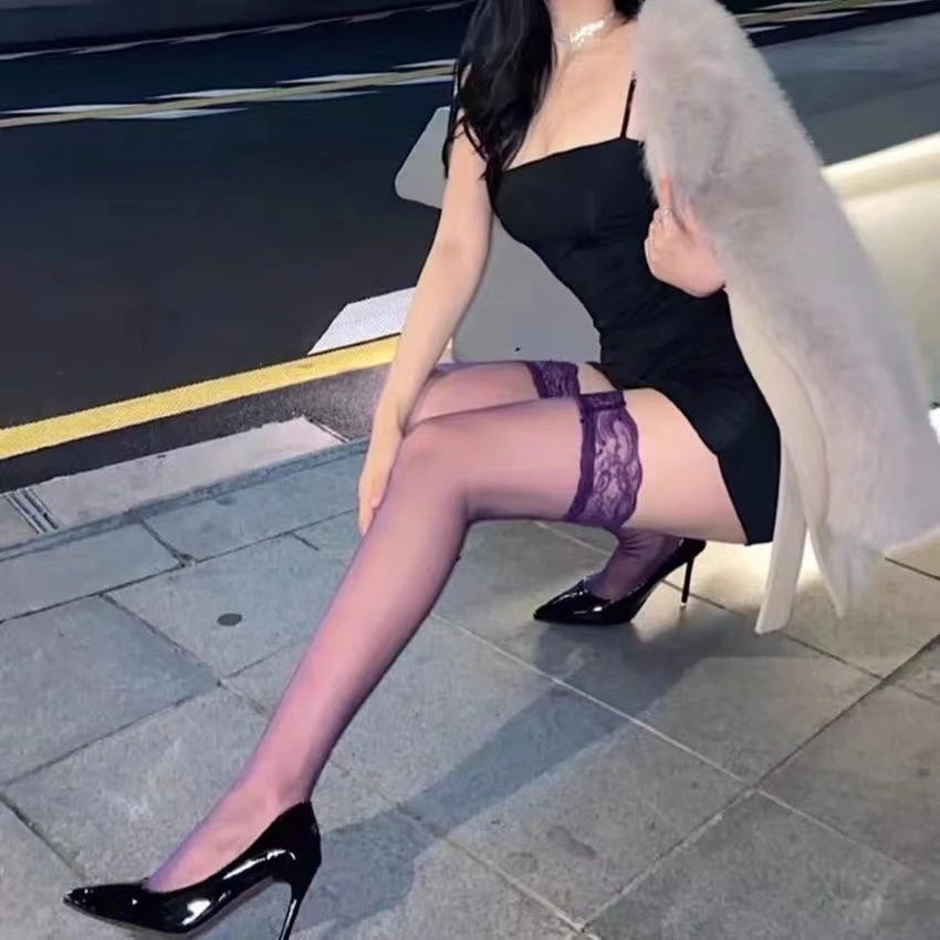 紫色蕾丝边长筒过膝袜透视薄款性感女袜防滑美腿塑形纯欲风过膝袜