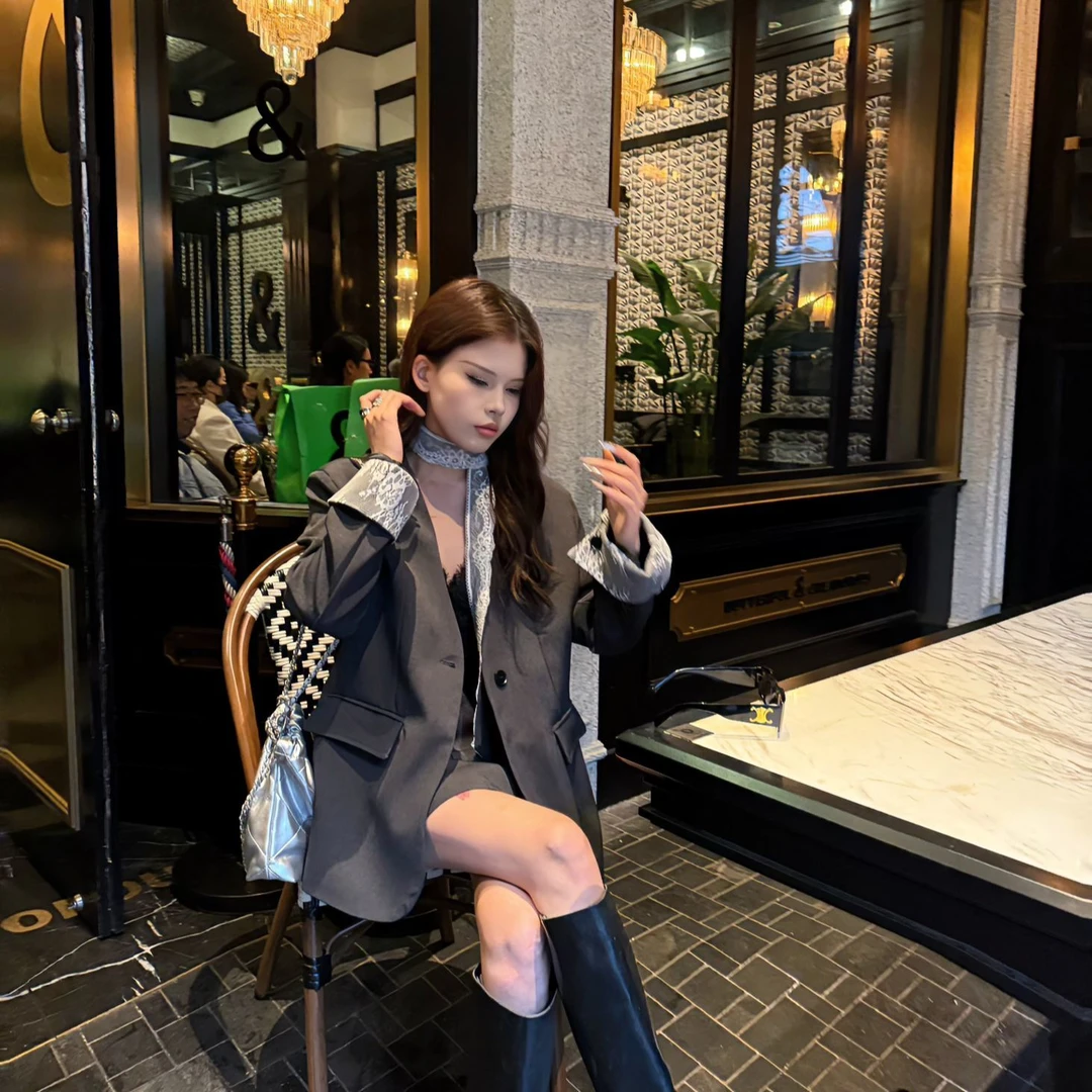 春夏爆款蕾丝拼接西装套装显瘦遮肉廓形外套半身裙通勤职业装潮流