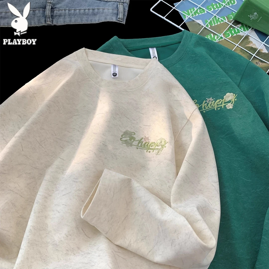 花花公子花卉刺绣长袖T恤男秋季新款美式圆领衣服宽松百搭打底衫