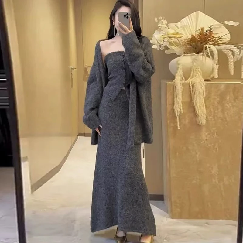 复古名媛风毛衣三件套女秋季新款韩版抹胸背心针织开衫半身裙套装