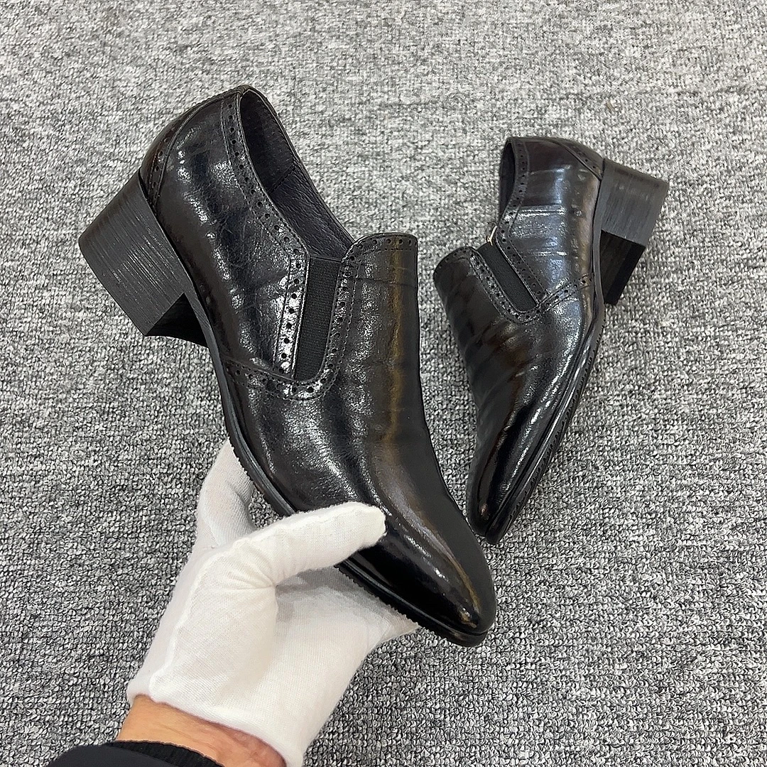 35码起尖头增高一脚蹬黑色英伦风真皮时尚休闲单鞋百搭正装皮鞋