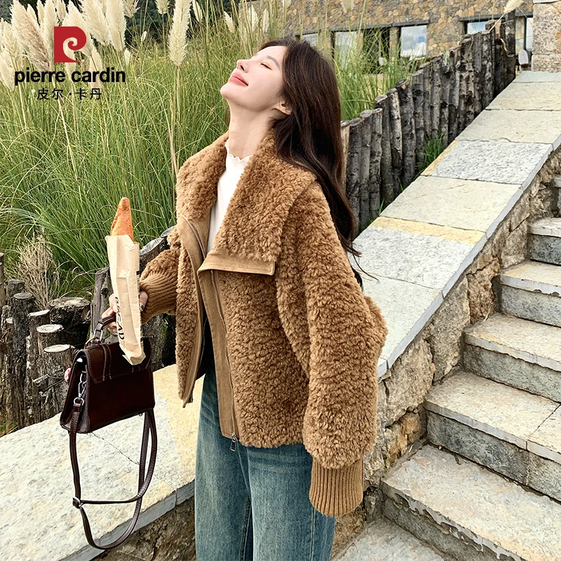 皮尔卡丹棕色羊羔毛外套女冬季2025新款复古风设计感针织拼接皮毛