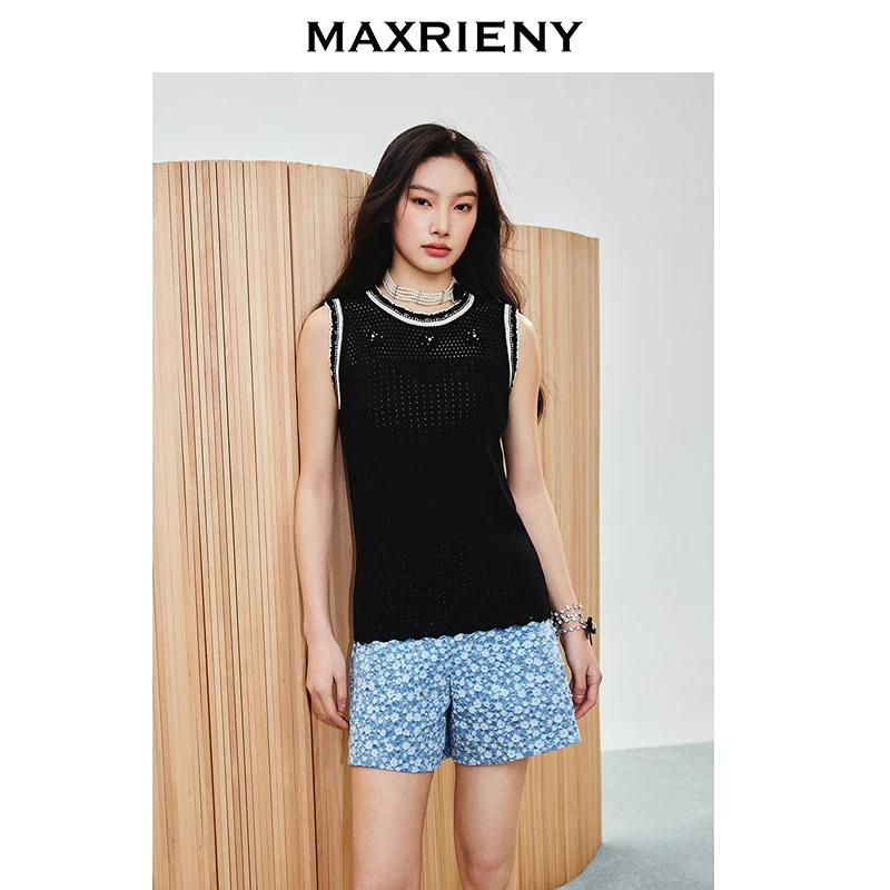 MAXRIENY欧若动感风黑白撞色边针织背心25春季新款修身显瘦上衣女