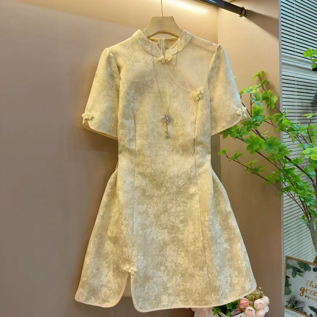 洋气新款时尚国风遮肉百搭新中式开叉设计连衣裙（长88左右）