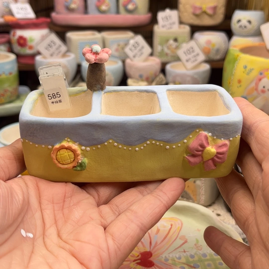 红陶585三格子花盆带转转花盆