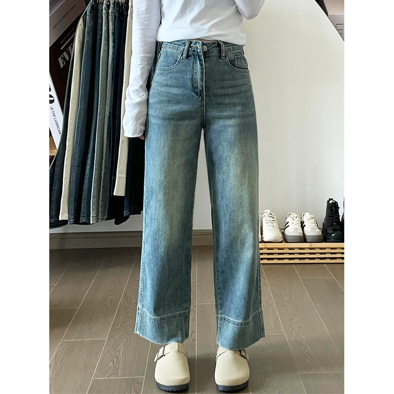 今年流行的法棍九分加绒牛仔裤女大码胖mm高腰显瘦直筒烟管裤子