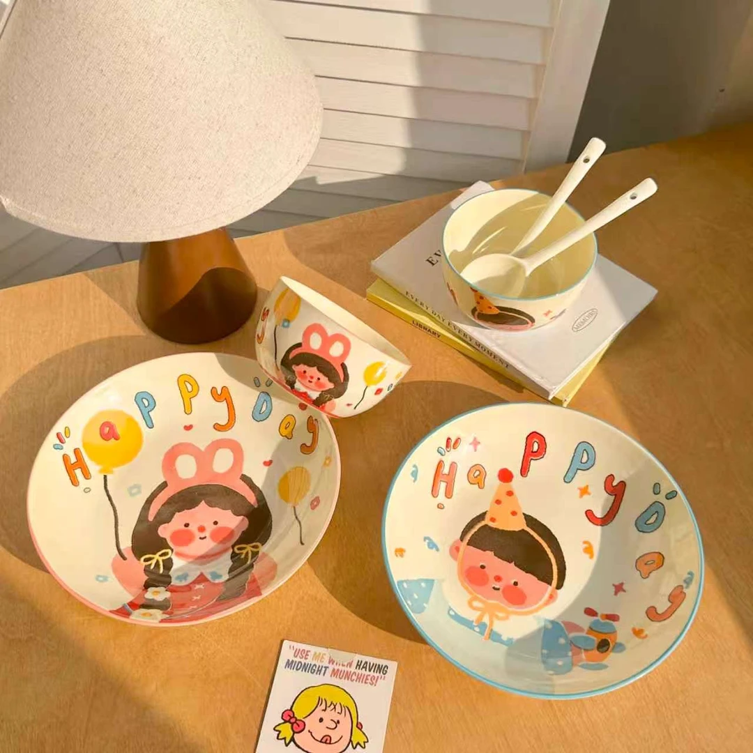 【家有儿女系列】6件套家用4.5英寸饭碗加盘子加勺可爱碗餐具高颜值