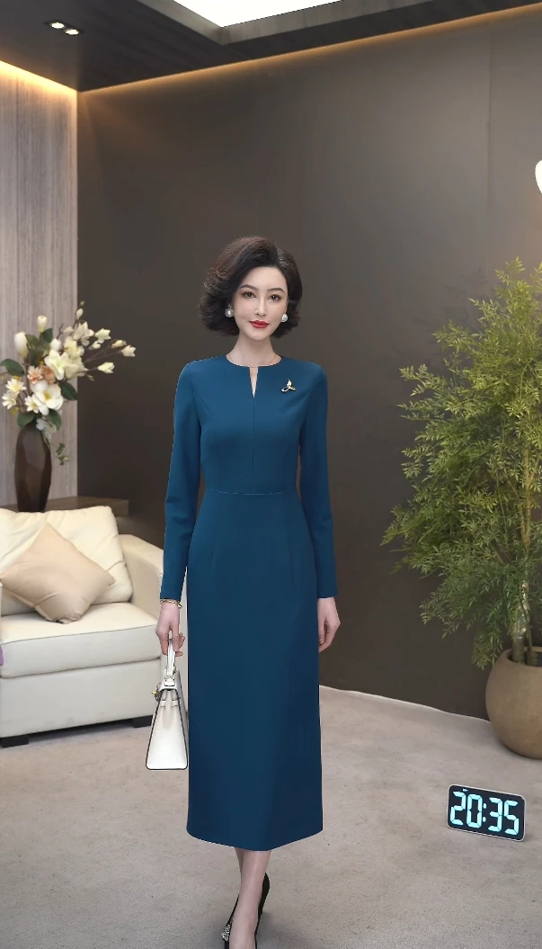 2025年秋季新款静谧湖蓝色垂感抗皱高贵优雅H版直筒连衣裙WF3179