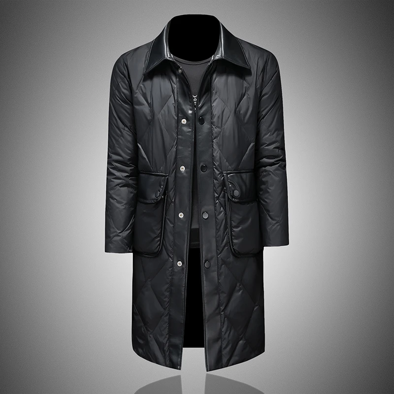 路约威格冬季新款羽绒服男中长款外套加厚皮料拼接羽绒衣长款保暖