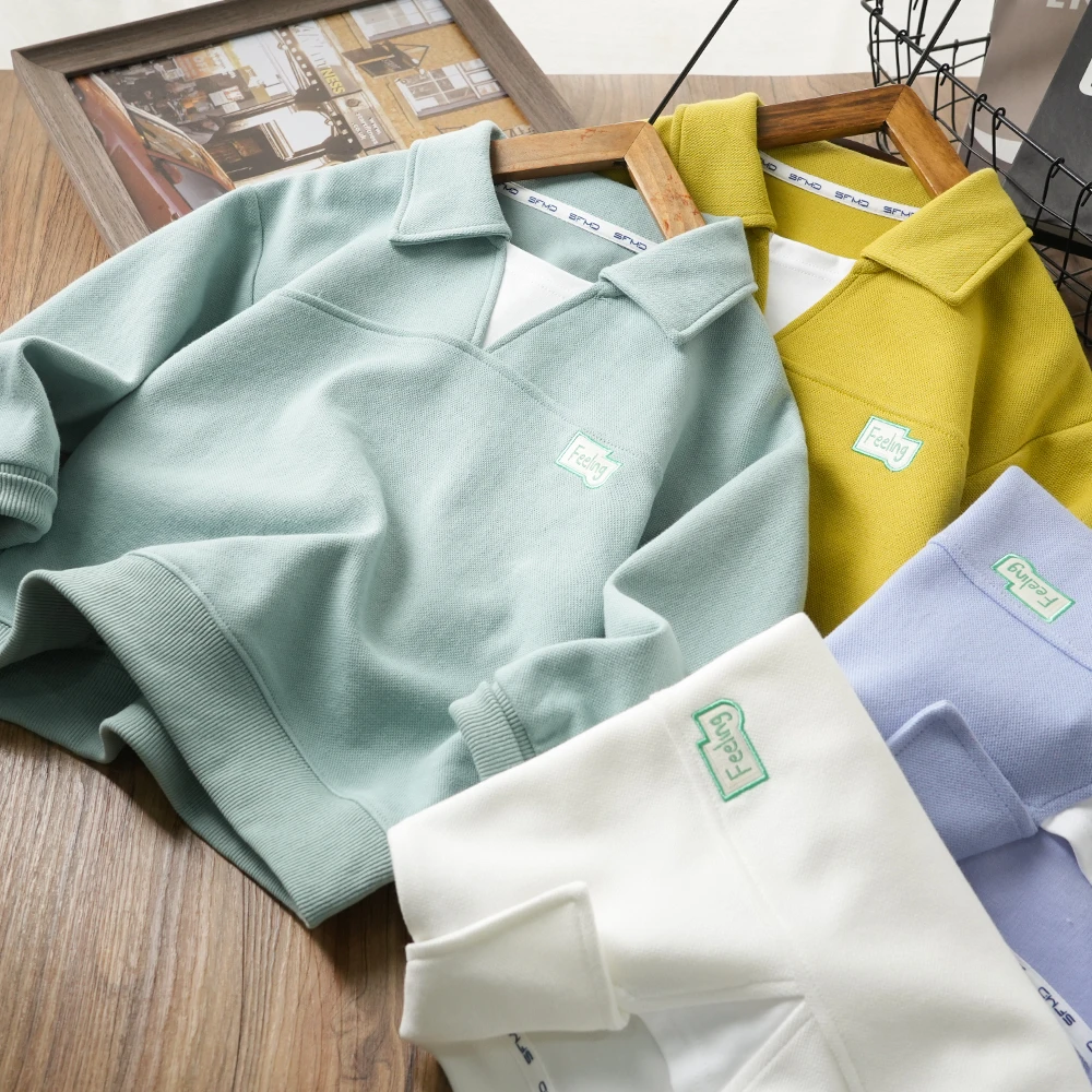 春季拼接假两件儿童V领卫衣中大童男童翻领时尚上衣25C34