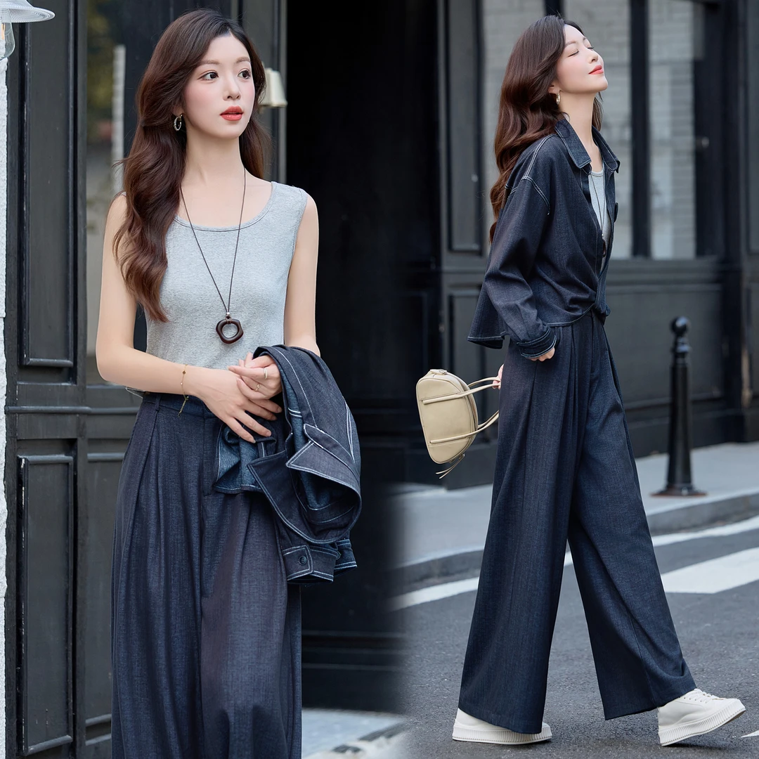 港风复古牛仔套装女2025秋季新款慵懒风宽松休闲衬衫阔腿裤两件套