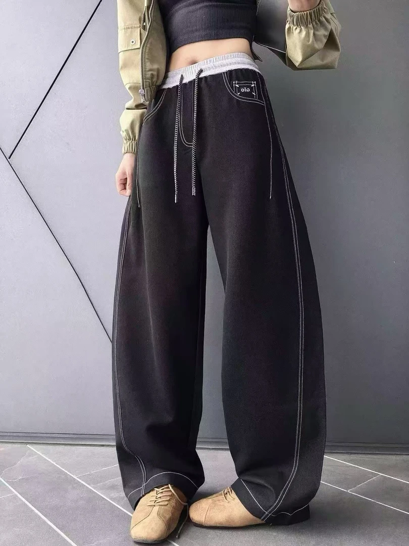 2831 秋冬女士时尚宽松抽绳撞色高腰简约阔腿裤 F80