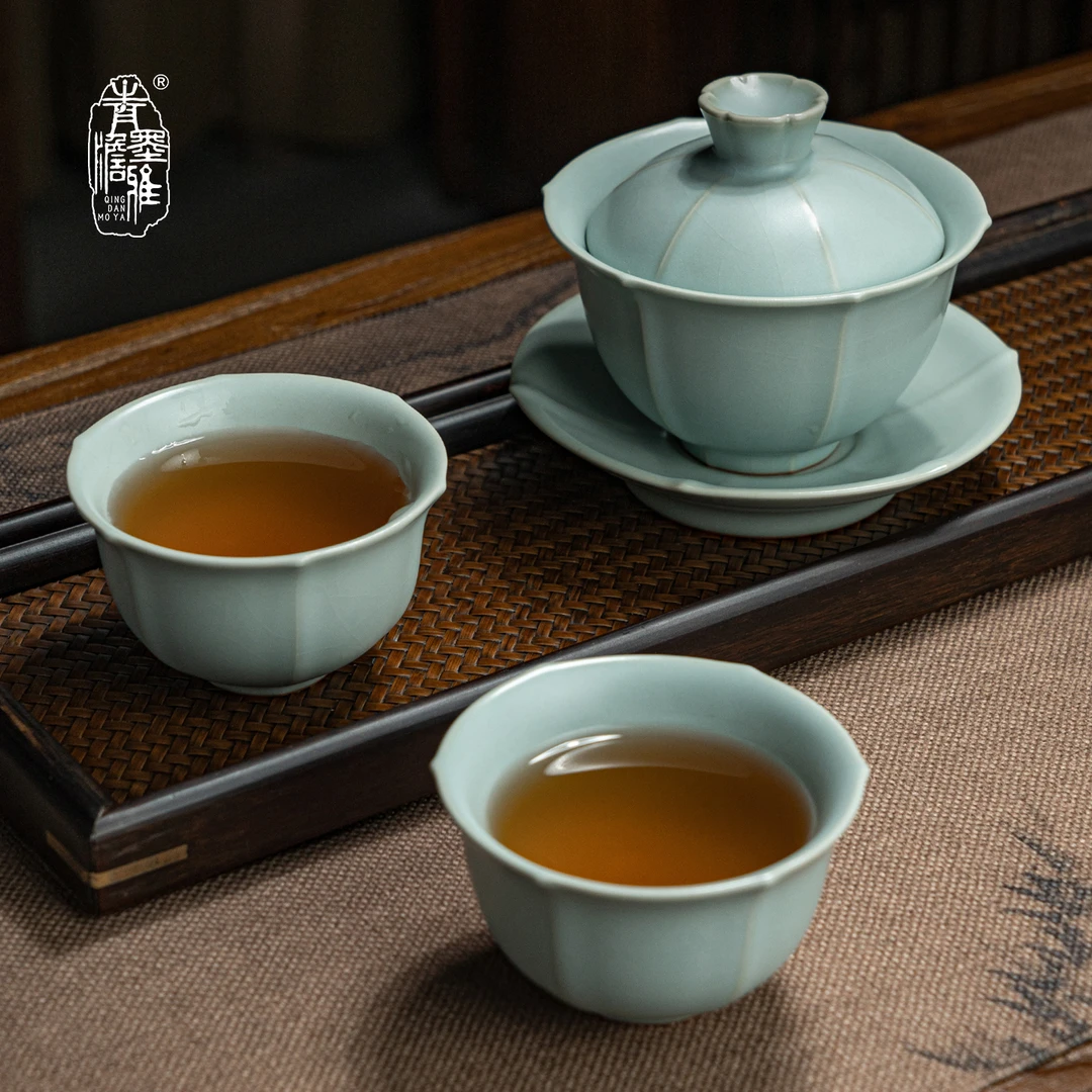 青澹墨雅汝窑冰玉茶组盖碗套装家用泡茶碗景德镇功夫茶具陶瓷手工