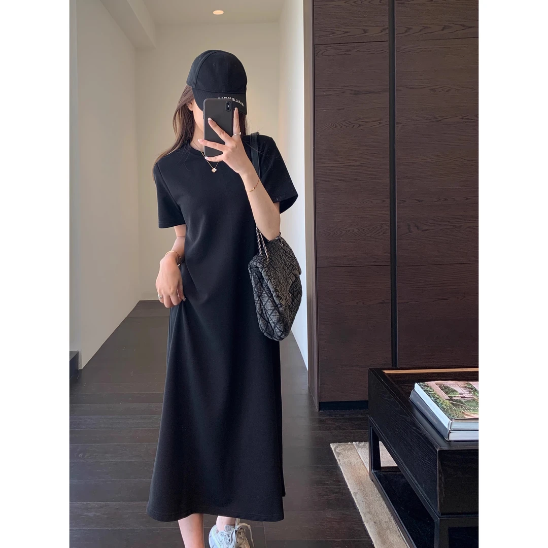2025年大码女装宽松藏肉显瘦小黑裙长款T恤连衣裙女夏季新款裙子