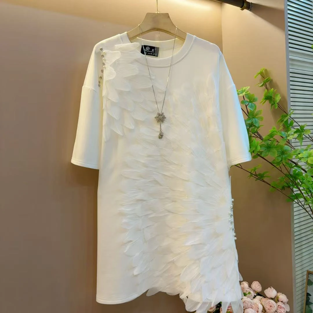 洋气新款宽松圆领拼接花边设计感欧洲站气质短袖长衫