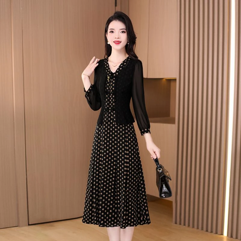 【两件套】波点广州十三行气质连衣裙2025早秋新款小众设计感两件套