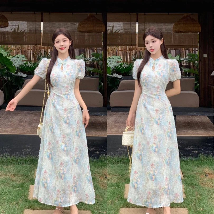 大码夏季新款茶歇新中式改良旗袍高级感显瘦修身碎花连衣裙