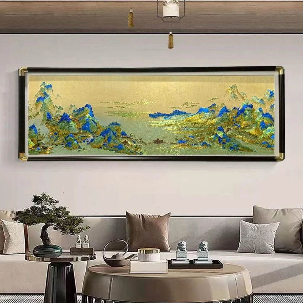 高档织锦绣千里江山入户门挂画新中式刺绣玄关装饰画走廊过道壁画