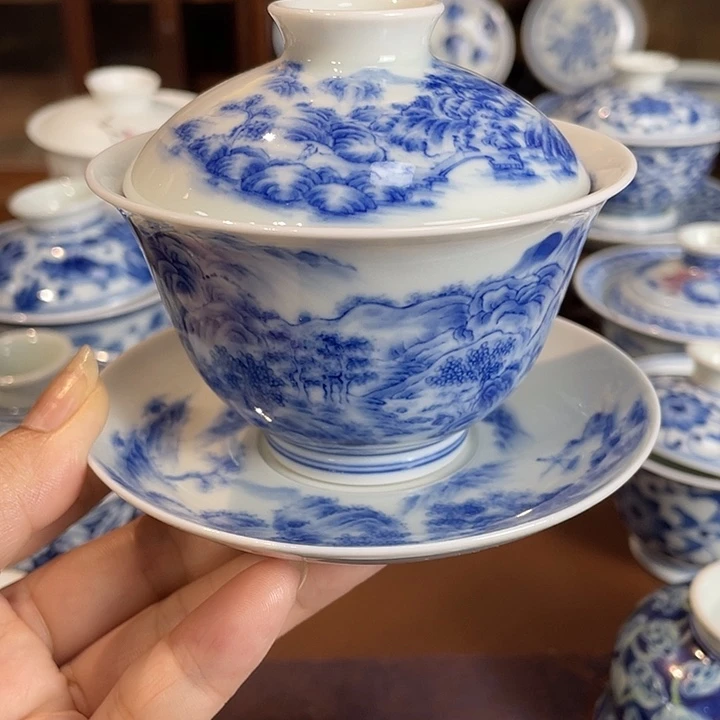 手工手绘山水盖碗