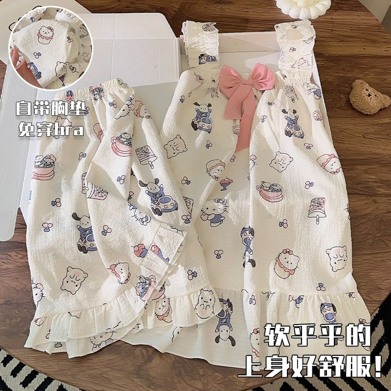 带胸垫睡衣夏季女士KT猫网红风梭织棉夏天防凸点新款家居服套装