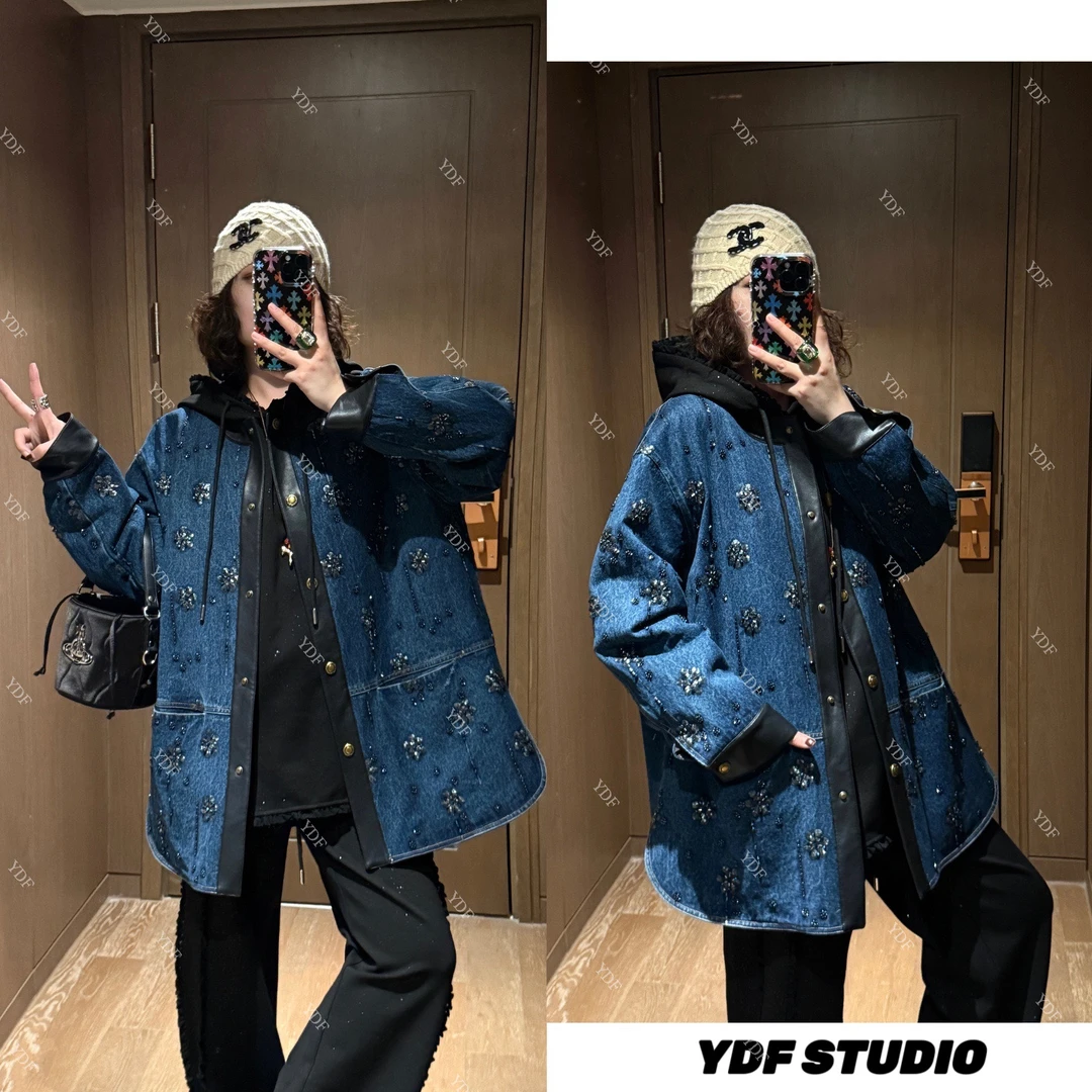 YDFSTUDIO小众【蓝金秀场】欧货高品重工亮片钉珠设计时尚牛仔棉服
