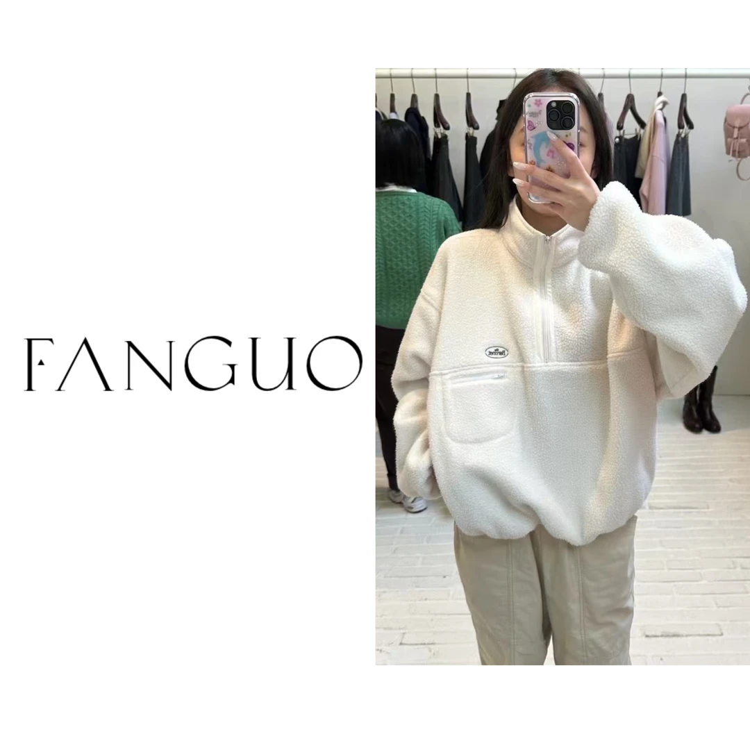 韩国thebarn*t八奶 奶乎乎半拉链刺绣美式复古摇粒绒卫衣  23229