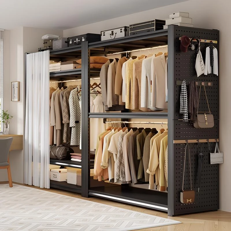 货架衣柜家用卧室出租房落地式简易衣帽架洞洞板金属钢制落地衣架