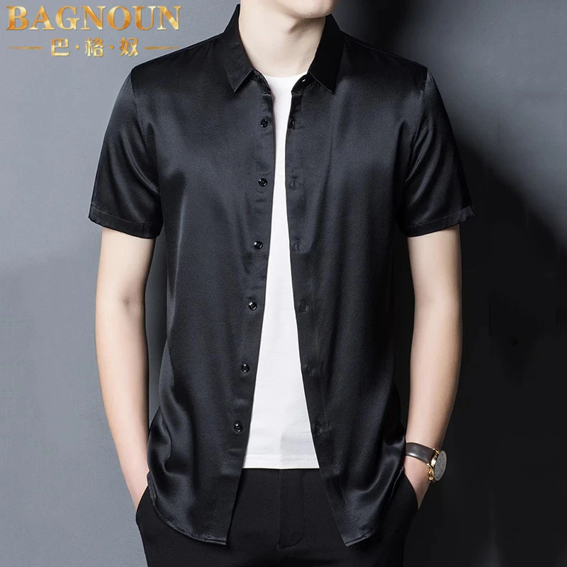 巴格奴桑蚕丝短袖衬衫男士夏季新款时尚轻奢真丝绸缎面纯色款衬衣