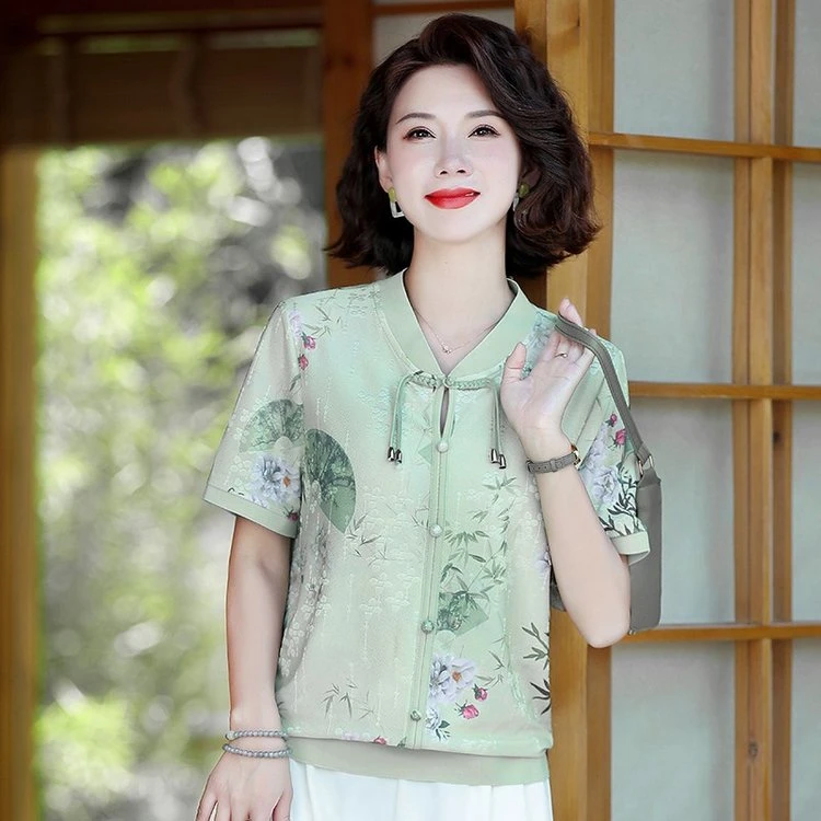 新中式妈妈夏装冰丝中国风提花有弹力上衣中老年休闲宽松短袖T恤P