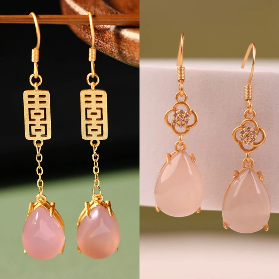 新中式古典汉服旗袍配饰中国风喜字耳坠天然玉髓复古流苏耳环女