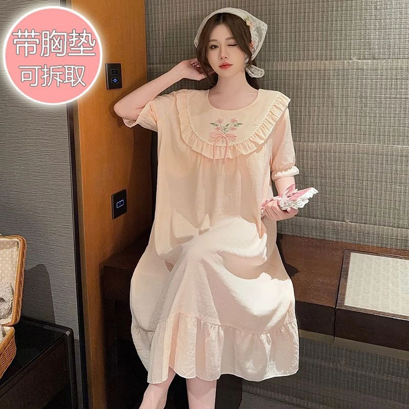 JIUVIA带胸垫睡裙女款夏季云朵棉短袖睡衣裙甜美宽松胖MM加肥大码