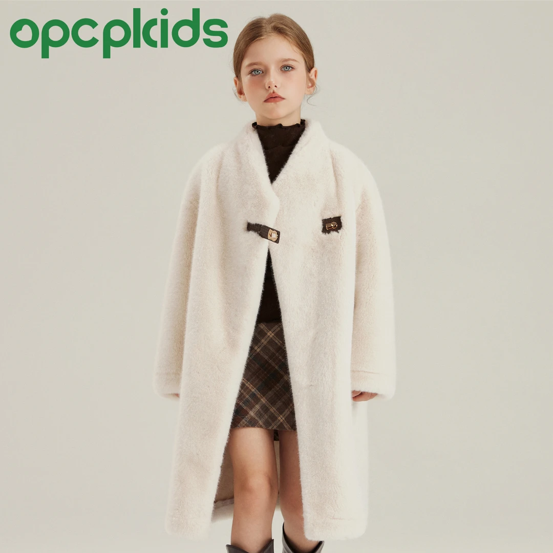 OPCP儿童精仿水貂外套秋冬新款女童保暖毛毛时尚大衣中长款25005