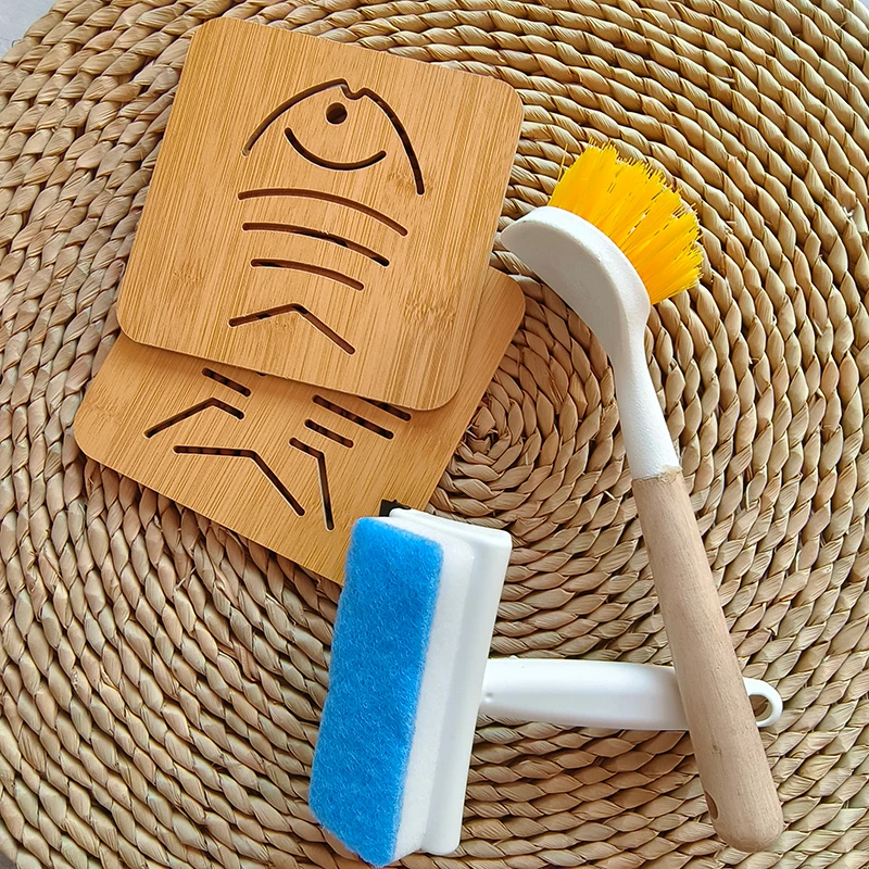 【厨房小套装】卡通镂空木质杯垫木柄洗锅刷厨房清洁窗户玻璃清洁刷