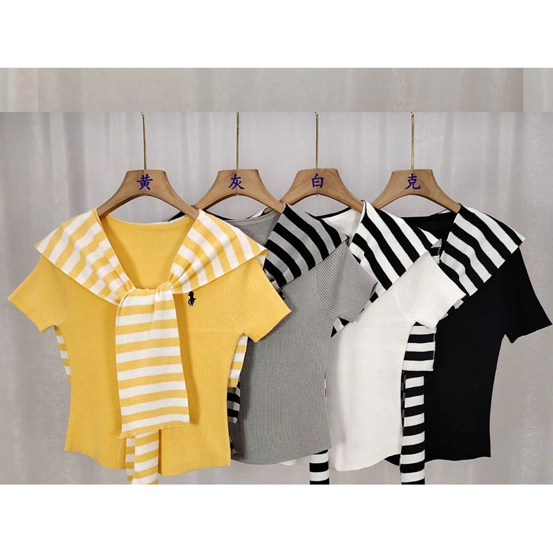 小马刺绣条纹披肩冰丝针织短袖两件套2025夏季新款V领时尚上衣女