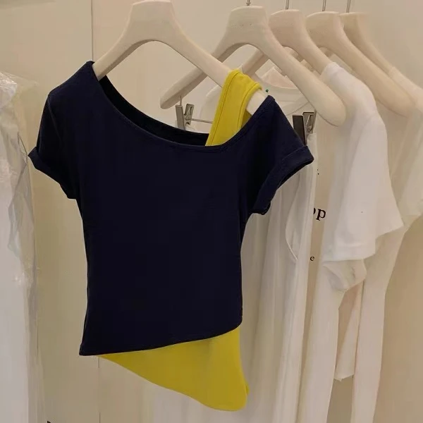 2025夏季小众撞色百搭露肩显瘦短袖恤韩系设计感时尚简约上衣潮