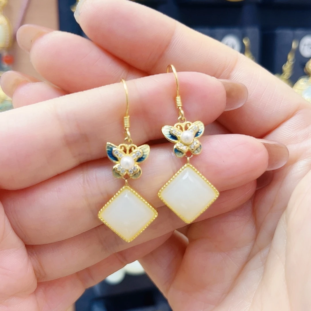 和田玉银S925镀金镶嵌耳饰