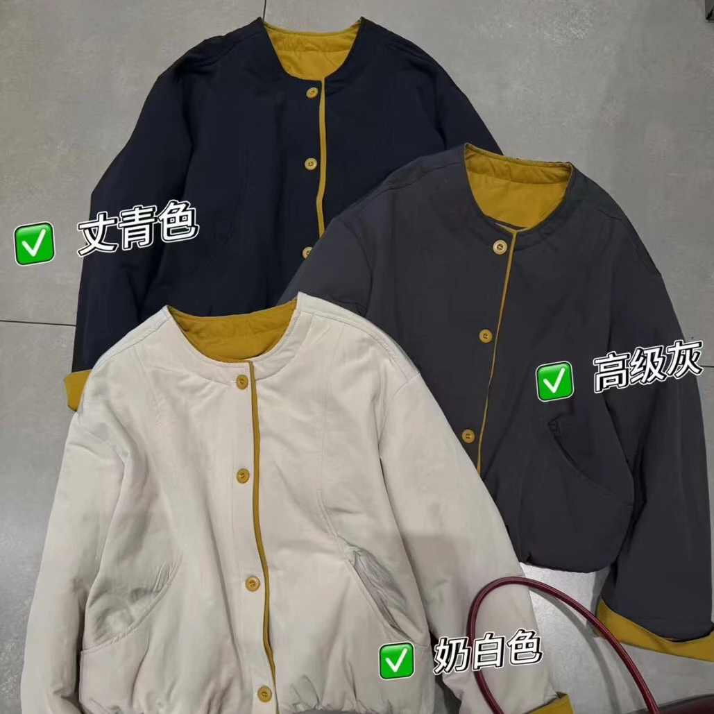 秋冬新款韩系糖果色单排扣拼色圆领女款时尚简约棉服外套