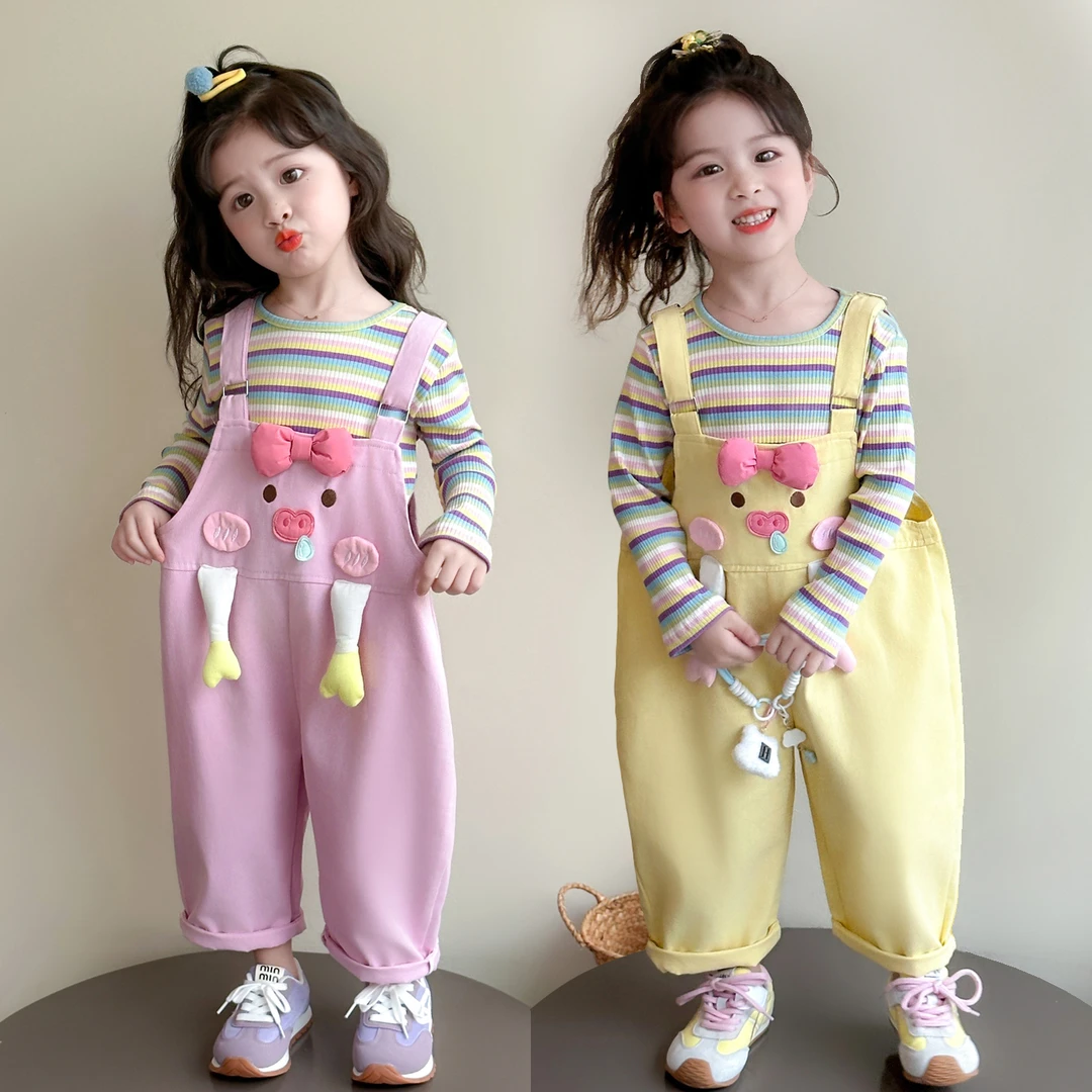 女童背带裤套装2025新款儿童春秋装韩版洋气女宝宝秋季时髦两件套