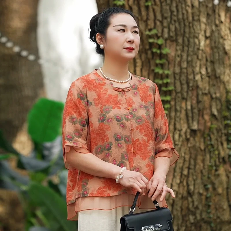 中老年妈妈装国风小衫女2025夏季休闲圆领小衫显瘦百搭宽松上衣