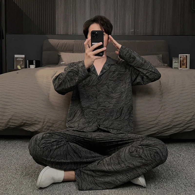 睡衣男长袖秋冬款锁温棉保暖可外穿2025新款波浪纹家居服春秋套装