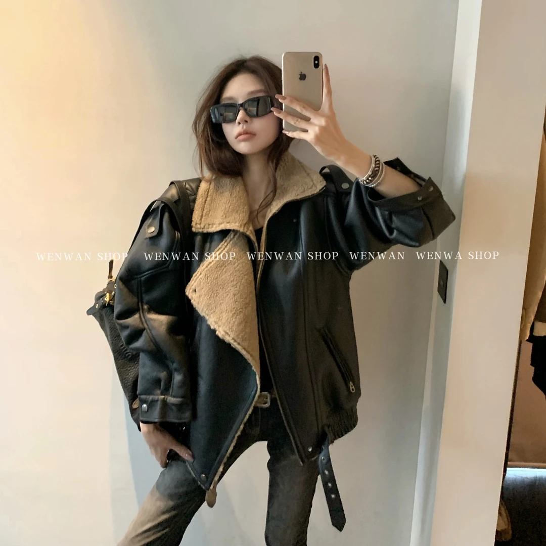 双十一狂欢价！【纽约时报】高级黑色皮毛一体机车外套