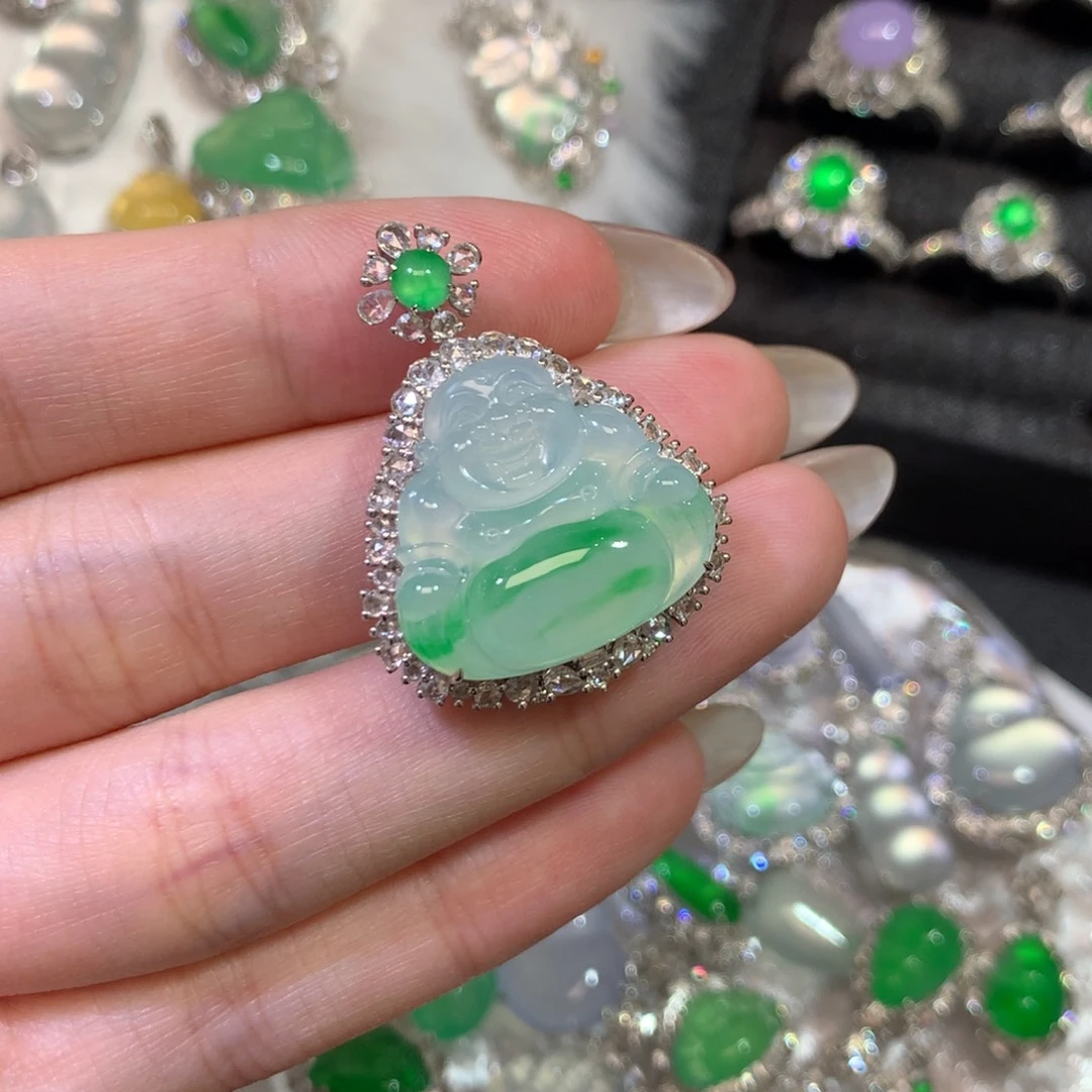 翡翠18K金镶嵌吊坠(赠链)胶块肚里藏金佛公