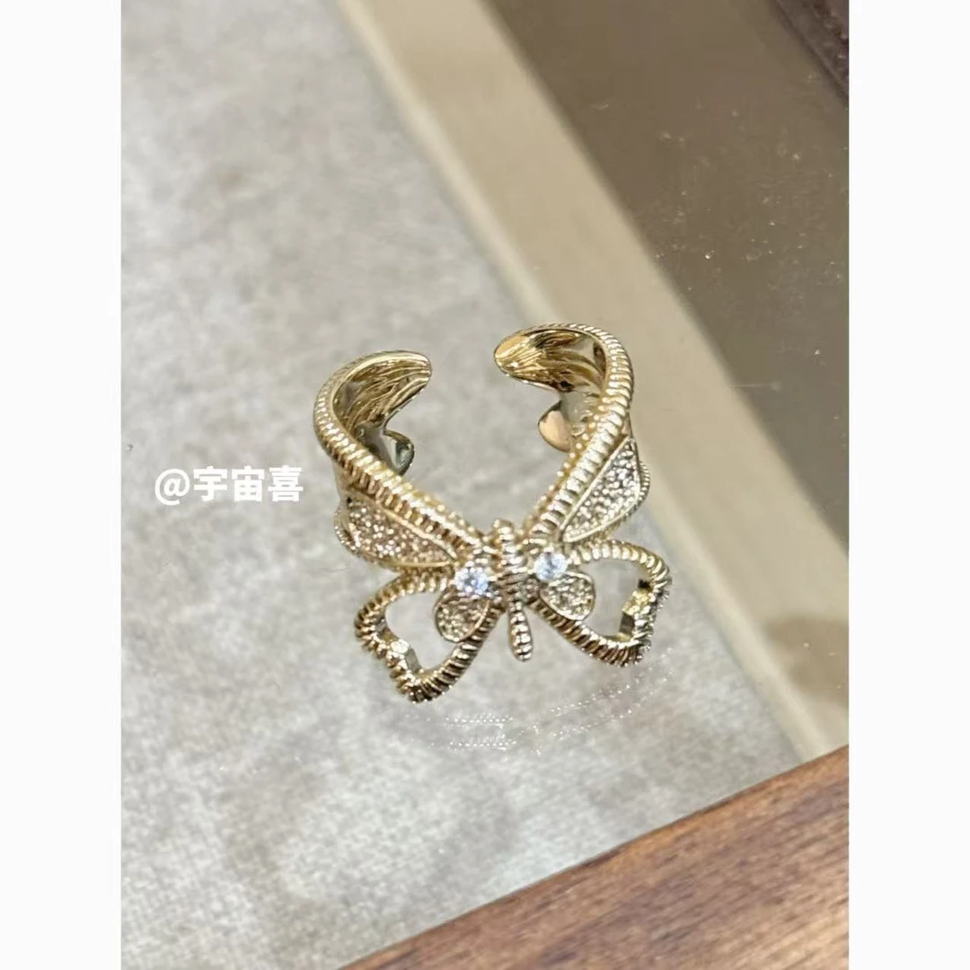 铜合金锆石戒指 I3-029【浅金色蕾丝大号蝴蝶开口戒指】
