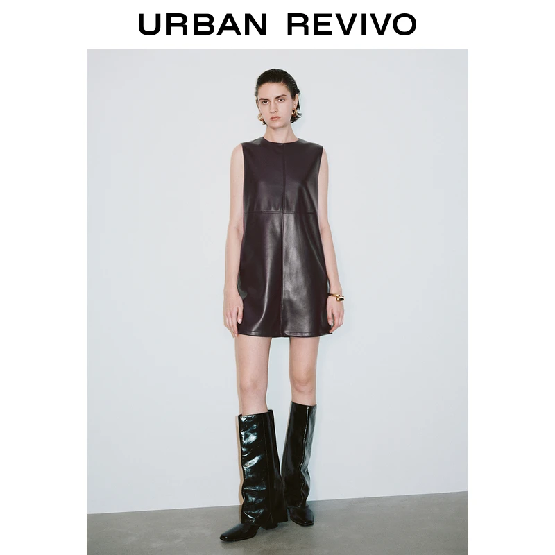 UR2025春季新品女装欧若风复古摩登气质PU无袖连衣裙UWM750003