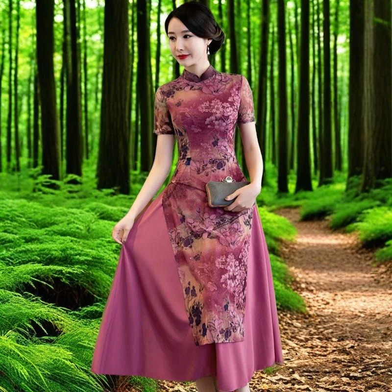 2025旗袍裙女春夏季新款修身收腰长款民族风时尚印花复古连衣裙子